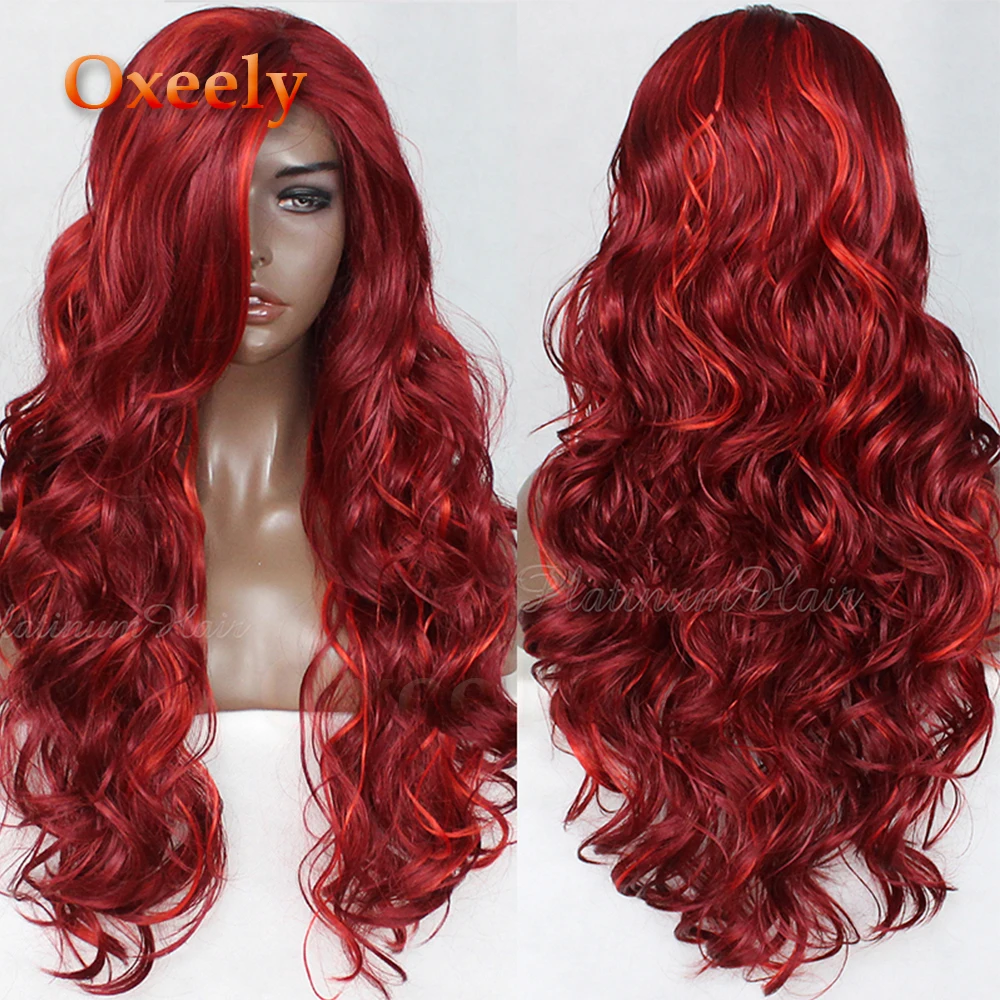 

Oxeely Long Wavy Lace Front Wigs Glueless Ombre Red Wave Wig Heat Resistant Fiber Hair Synthetic Lace Front Wigs for Black Women