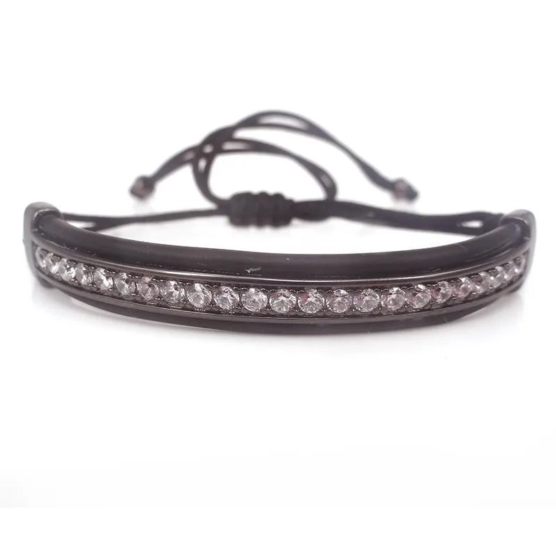 New Anil Arjandas Bracelets Men Jewelry Black Leather Micro Pave Clear CZ Protecting Riviere Macrame For | Украшения и аксессуары