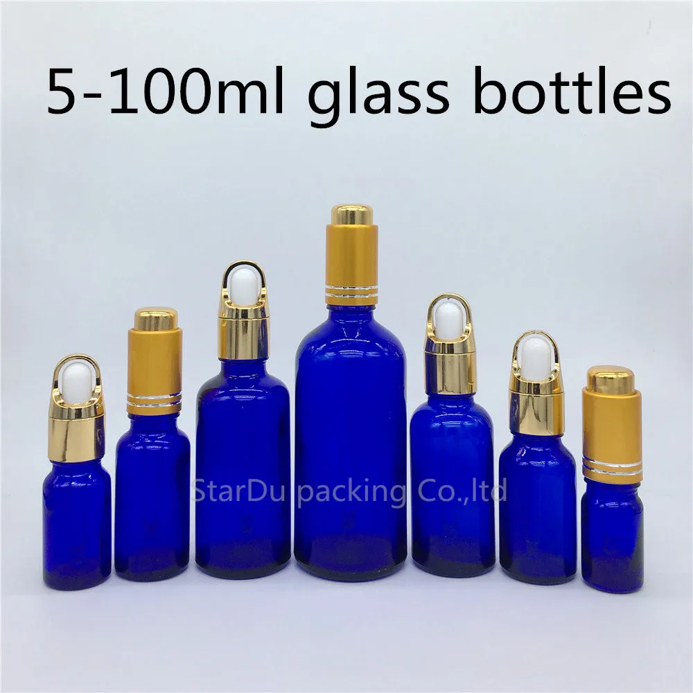 

5ml 10ml 15ml 20ml 30ml 50ml 100ml Blue Glass Essential Oil Bottle With Gold Press Dropper Blue Glass Perfume Bottles 200pcs/lot