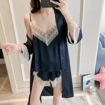 Ladies Sexy Silk Satin Robe Pyjama Set Lace Sleepwear Set Summer Bathrobe Set Bath Robe Set Robe+Top+Pant 3 Pieces For Women
Ladies Sexy Silk Satin Robe Pyjama Set Lace Sleepwear Set Summer Bathrobe Set Bath Robe Set Robe+Top+Pant 3 Pieces For Women