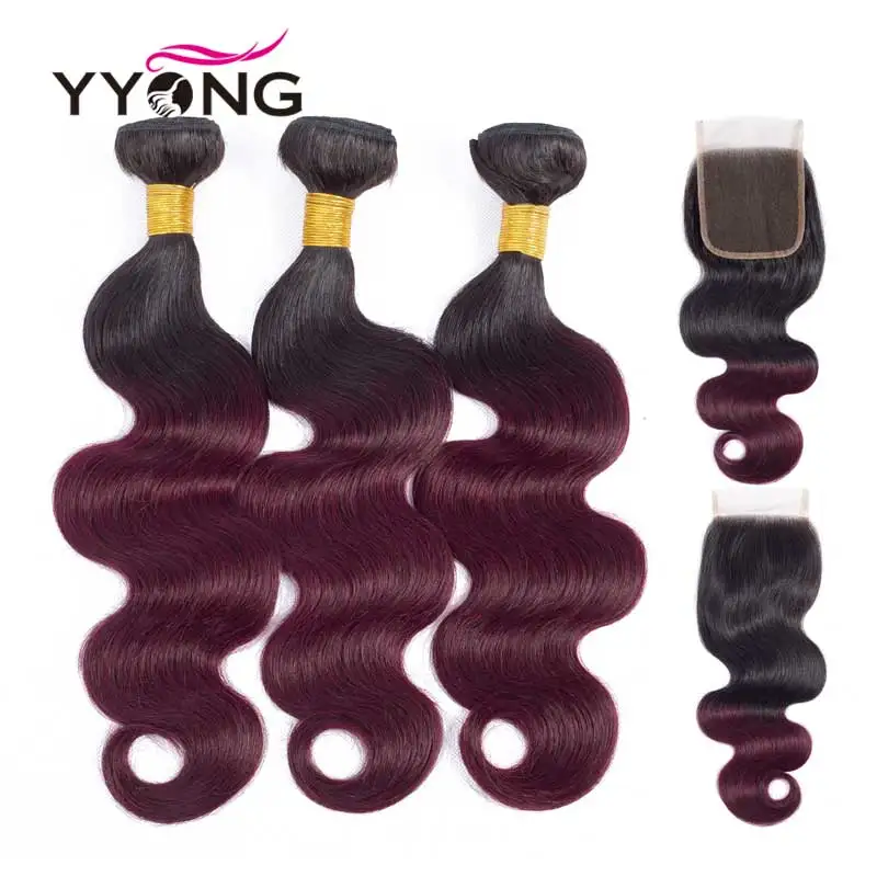 

Ombre Hair 3 Bundles With Closure Yyong Professional 1B/99J Burgundy Dark Wine Red 100% Human Hair Weft Brazilian Body Wave Hair