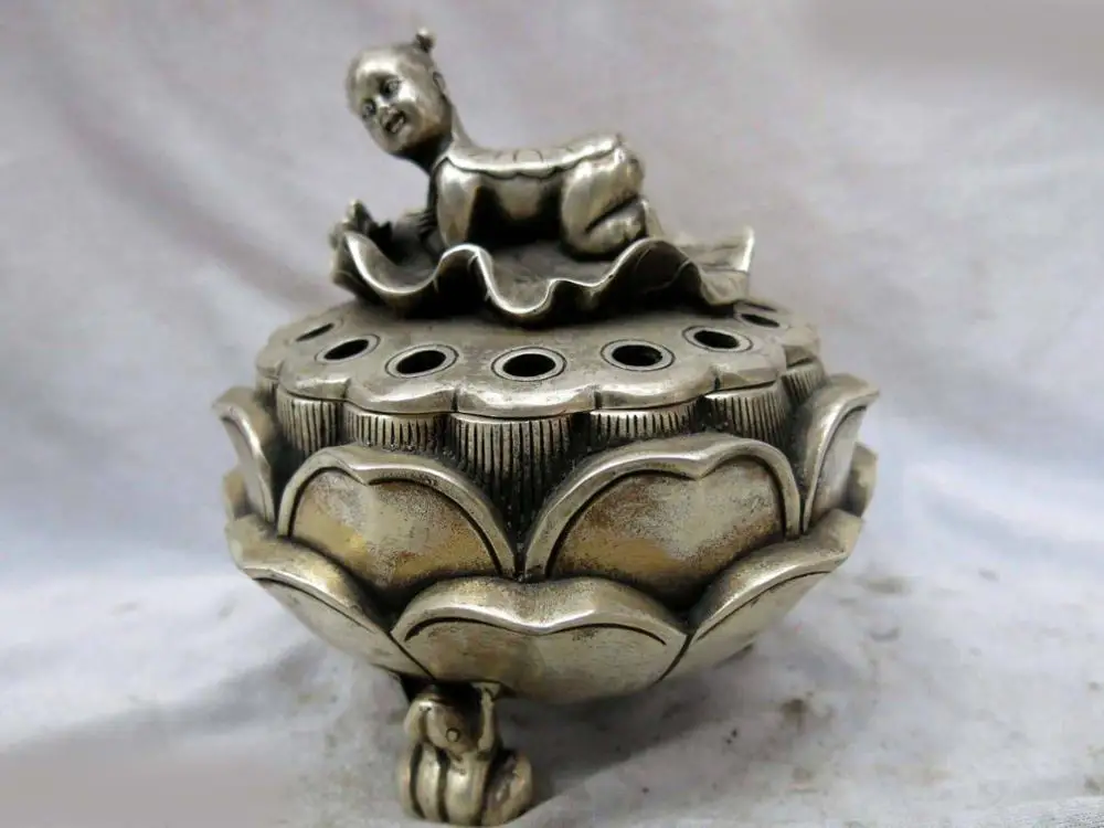 DS China silver carved finely frog lotus flower boy censer incense burner Statue
DS China silver carved finely frog lotus flower boy censer incense burner Statue