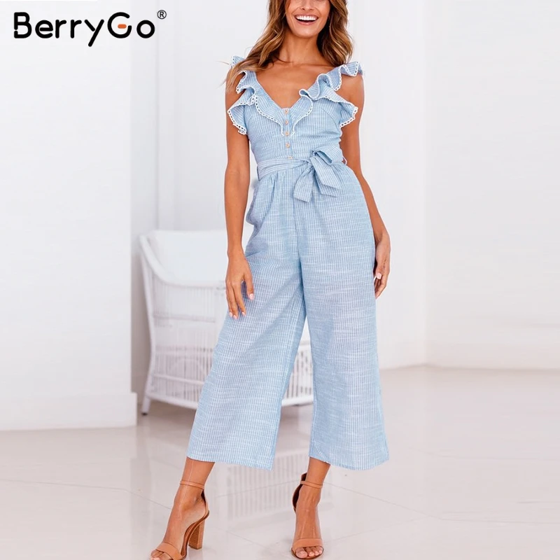 BerryGo Casual sexy summer blue rompers jumpsuit women Elegant ruffle striped button playsuit Beach wide leg cotton jumpsuits
BerryGo Casual sexy summer blue rompers jumpsuit women Elegant ruffle striped button playsuit Beach wide leg cotton jumpsuits
