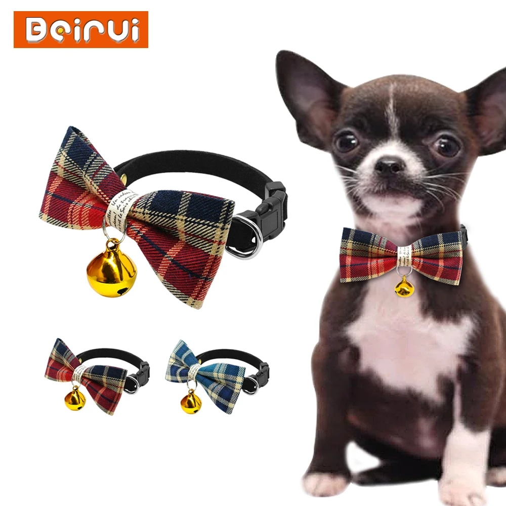 Beirui Bownot Cat Dog Collar Bell Pendant Plaid Puppy Collars for Small Medium Pets Chihuahua Adjustable Size Red Blue