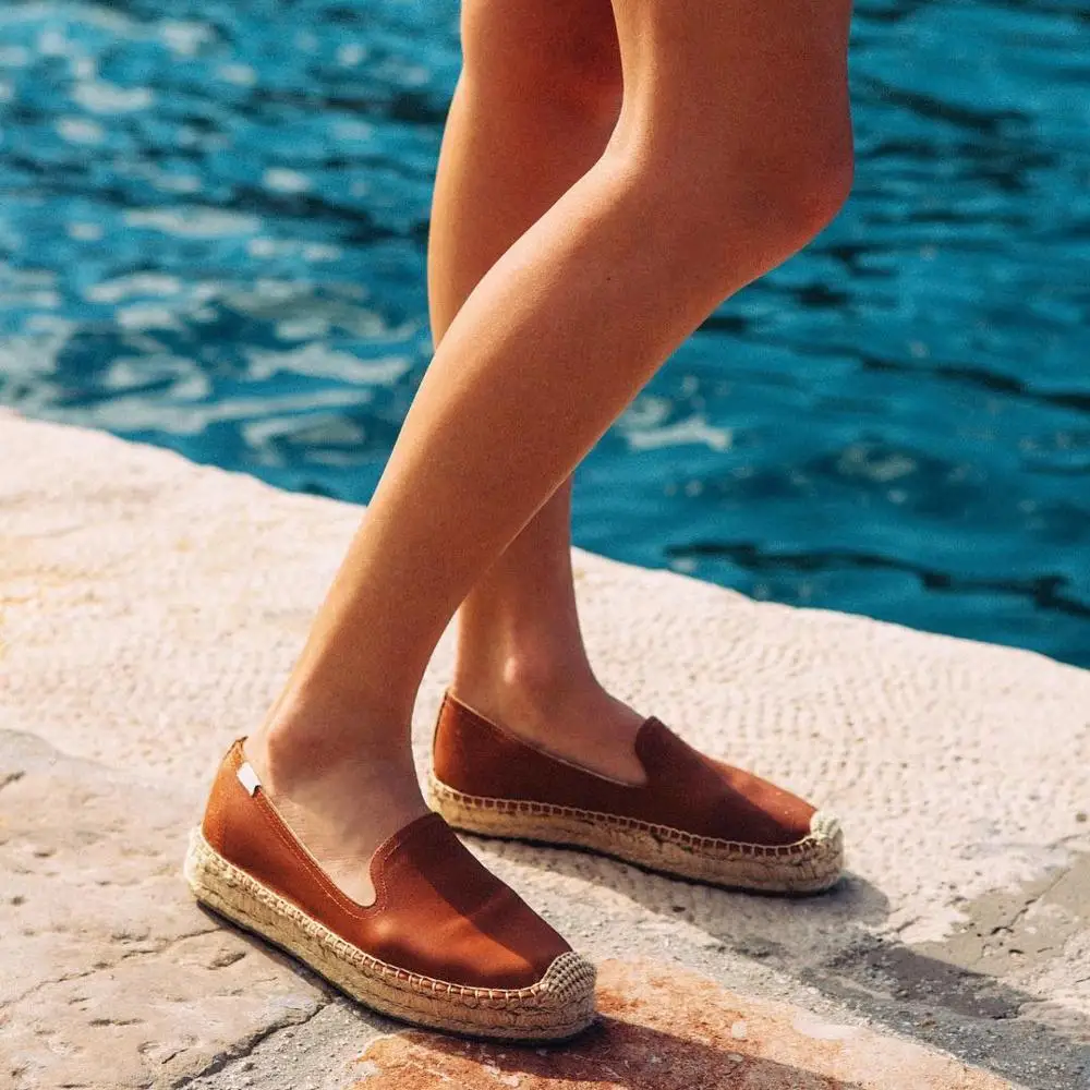 

2019 Summer Genuine Leather Smoking Platform Espadrilles Women Insta Style Women Platform Shoes Slip on Vacation Beach Shoes