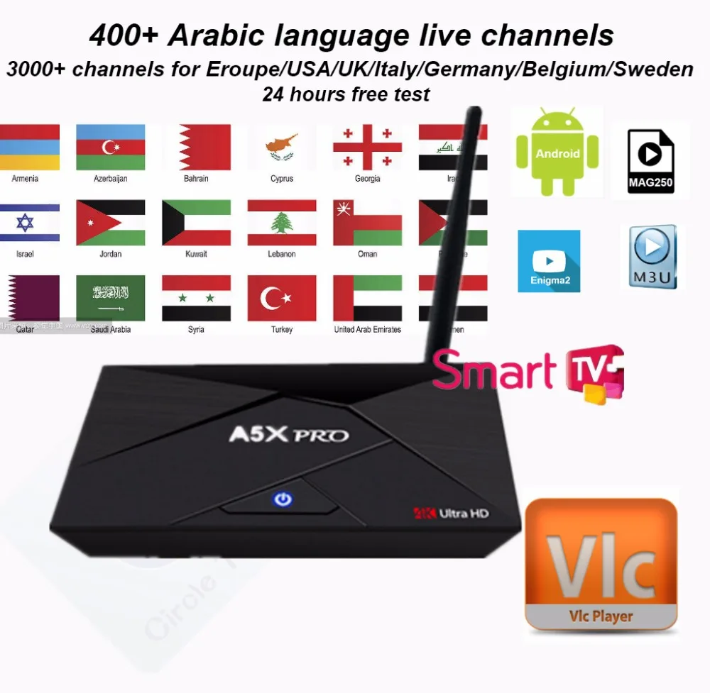 A5XPro+1 Year Europe Italy Arabic IPTV BOX 6000+ Android Smart TV Box Amlogic S912 WiFi H.265 4K Media player france package
A5XPro+1 Year Europe Italy Arabic IPTV BOX 6000+ Android Smart TV Box Amlogic S912 WiFi H.265 4K Media player france package