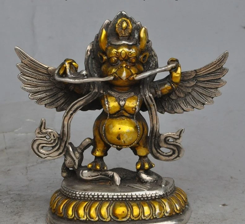 

5"Old tibet Buddhism fane Silver gilt Redpoll Garuda Bird Eagle Buddha Statue