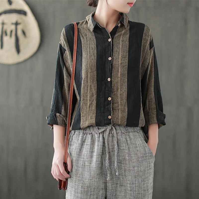 Johnature 2019 New Casual Turn-down Collar Full Sleeve Linen Tops Striped Hit Color Single-breasted Loose Autumn Women Shirts
Johnature 2019 New Casual Turn-down Collar Full Sleeve Linen Tops Striped Hit Color Single-breasted Loose Autumn Women Shirts