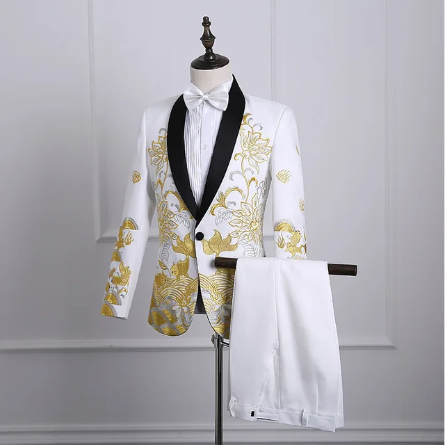 Hot 2018 Male Shawl Lapel White Black Red Embroidered Prom Dress Suits Stage Singer Costume Homme Mens Suits With Pants
Hot 2018 Male Shawl Lapel White Black Red Embroidered Prom Dress Suits Stage Singer Costume Homme Mens Suits With Pants