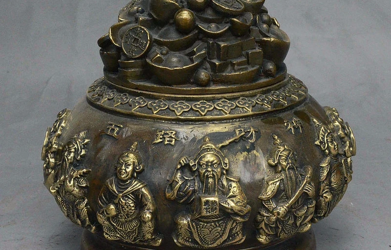 6" Old China Bronze 5 Mammon God Money YuanBao Treasure Fish Bat Incense Burner
6" Old China Bronze 5 Mammon God Money YuanBao Treasure Fish Bat Incense Burner