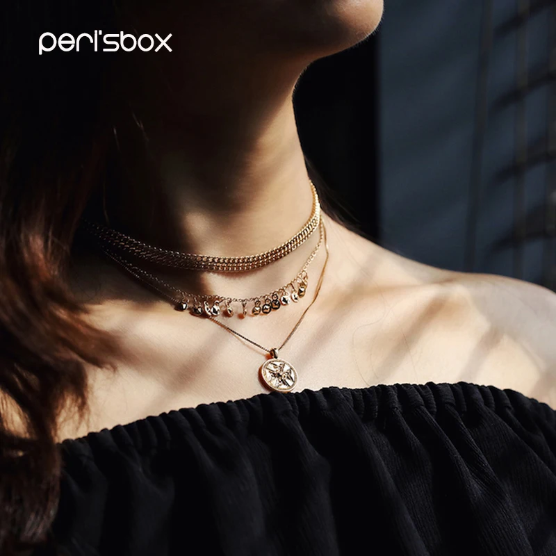 

Peri'sBox Bohemia Gold Color Hanging Coin Chain Choker Necklace Female Multi Layered Charms Chokers Disc Pendant Necklaces 2018