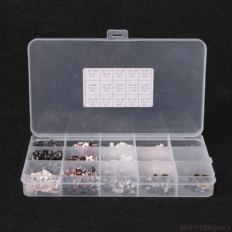 750 Pcs 15 Value Tactile Push Button Switch Micro Switch Momentary Assortment Kit
750 Pcs 15 Value Tactile Push Button Switch Micro Switch Momentary Assortment Kit