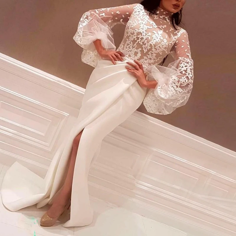Elegant Mermaid Evening Gowns High Neck Long Sleeves Lace Satin Split White Women Dresses Saudi Arabic Prom Party Dresses
Elegant Mermaid Evening Gowns High Neck Long Sleeves Lace Satin Split White Women Dresses Saudi Arabic Prom Party Dresses