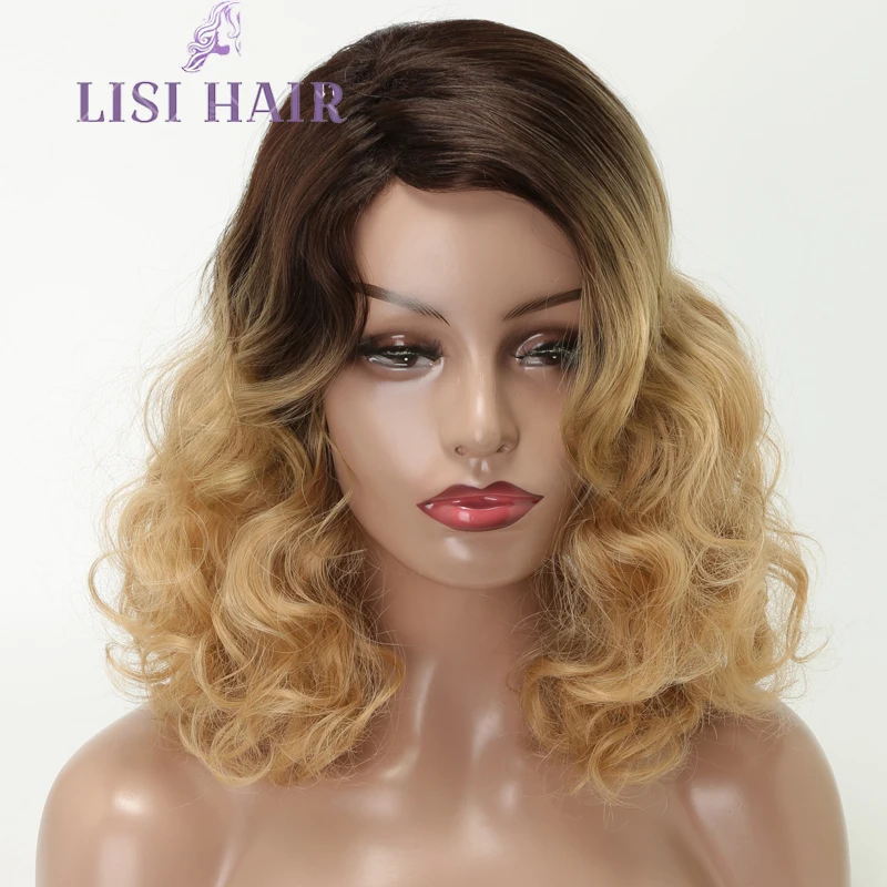 LISI HAIR Short Wavy Blonde Ombre Brown Synthetic Heat Resistant Fiber Wigs For Black Women For Wedding Cosplay Women's Daily (4)