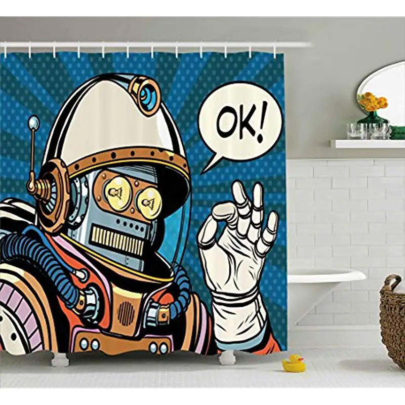 Vixm Modern Futuristic Comics Super Heros Like Robot in a Spacesuit with OK Quote Artwork Fabric Shower Curtains
Vixm Modern Futuristic Comics Super Heros Like Robot in a Spacesuit with OK Quote Artwork Fabric Shower Curtains