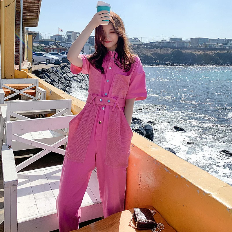 Women Summer Korean Short Sleeve Loose Casual Streetwear Hip Hop Overalls Pants Female Fashion Sashes Mesh Spliecd Jumpsuits
Women Summer Korean Short Sleeve Loose Casual Streetwear Hip Hop Overalls Pants Female Fashion Sashes Mesh Spliecd Jumpsuits