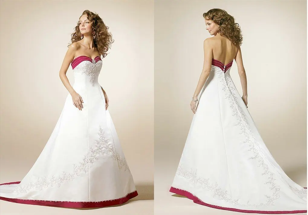 Freeshipping A line Contrast Color Satin Wedding Gown with White Embroidery Red Trim
Freeshipping A line Contrast Color Satin Wedding Gown with White Embroidery Red Trim