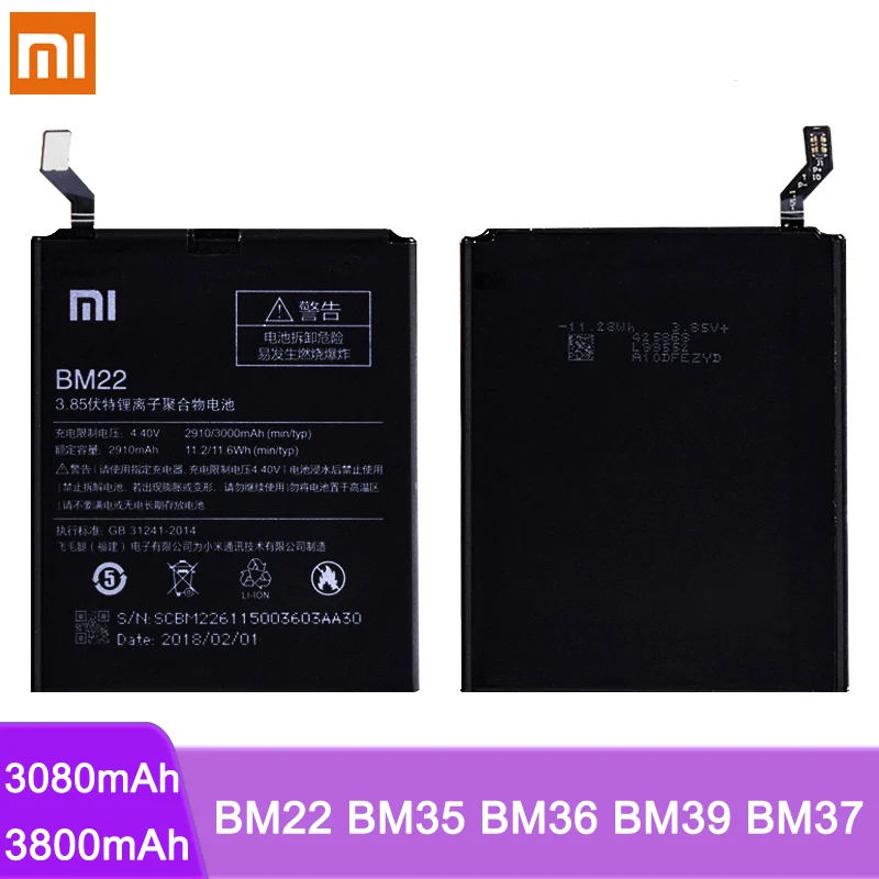 BM22 BM35 BM36 BM39 BM37 Original Battery For Xiaomi Mi 5 4C 5S Plus 6 Mi5 Mi6 Mi4C Mi5S Replacement Lithium Polymer Baterry
BM22 BM35 BM36 BM39 BM37 Original Battery For Xiaomi Mi 5 4C 5S Plus 6 Mi5 Mi6 Mi4C Mi5S Replacement Lithium Polymer Baterry