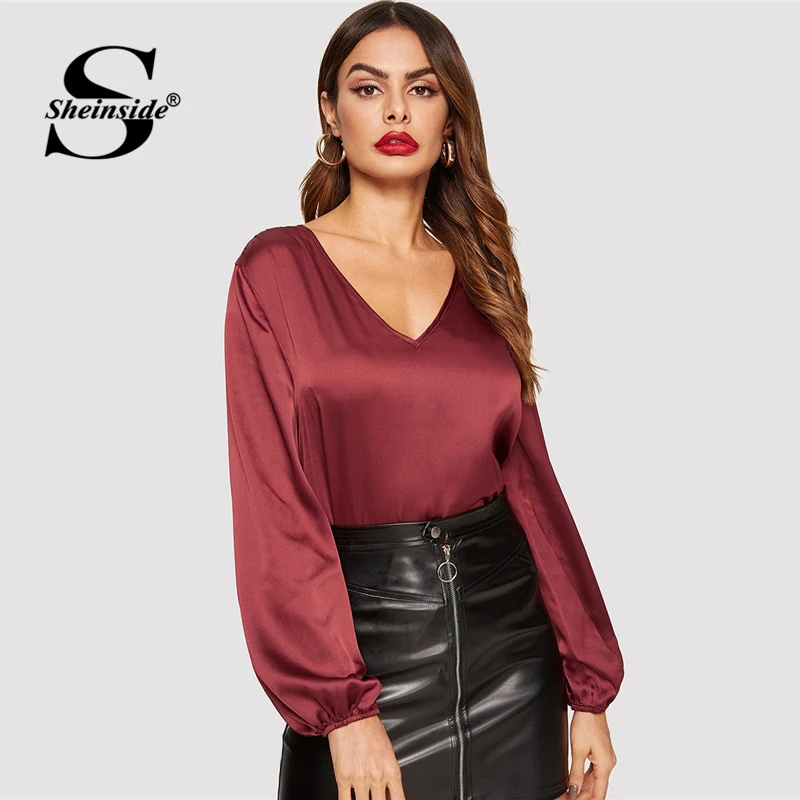 

Sheinside Burgundy V Neck Blouse Women Spring Casual Bishop Sleeve Solid Top 2019 Office Ladies Elegant Workwear Satin Blouses