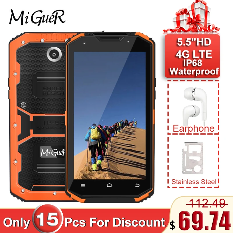

MiGueR A8 IP68 Waterproof Mobile Phone MTK6735 2GB RAM 16GB ROM 5.5 "Big Screen 3350mAh Android Dual Card Sturdy Smartphone