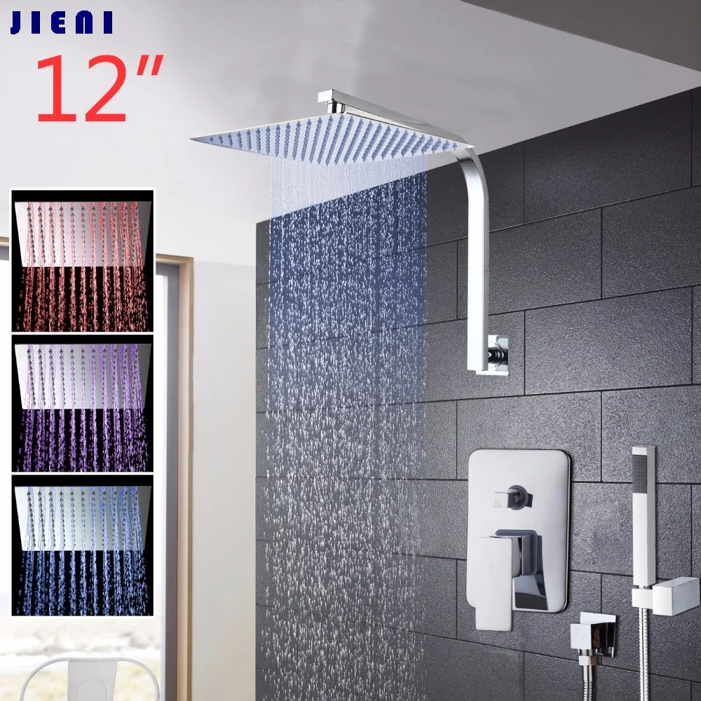 JIENI 12 Inch LED Rainfall Bathroom Shower Kit Hand Shower Shower Head Wall Mounted Square Chrome Brass Waterfall Shower Set
JIENI 12 Inch LED Rainfall Bathroom Shower Kit Hand Shower Shower Head Wall Mounted Square Chrome Brass Waterfall Shower Set
