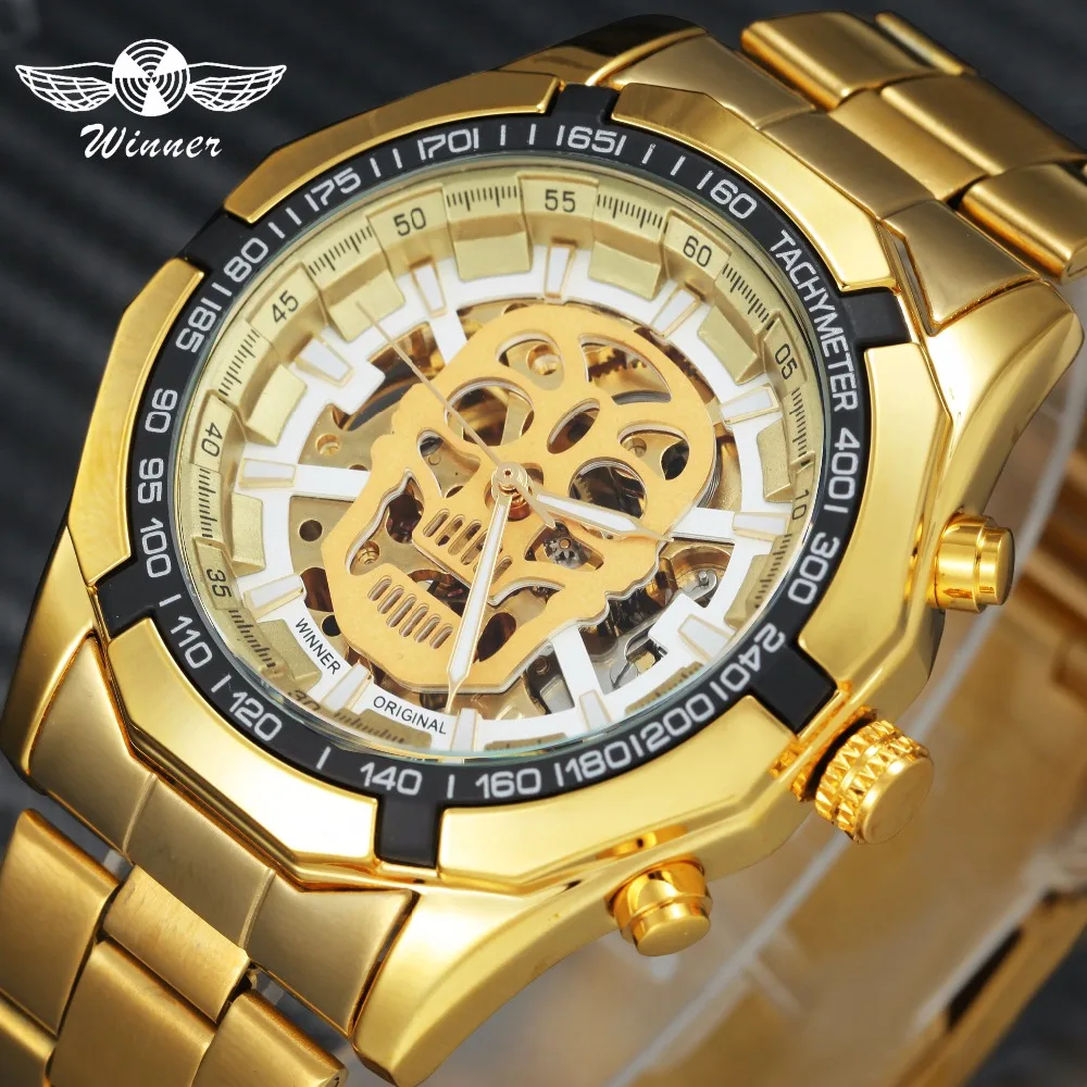 

WINNER Top Brand Luxury Steampunk Watch Men Auto Mechanical Mens Watches Stainless Steel Strap Hip Pop Skull Skeleton Wristwatch