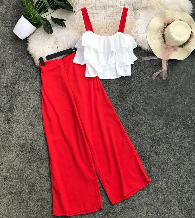 Summer Women's Sling Tops Trousers 2 Pcs Set Ruffled Short Tank Tops + Wide-leg Pants Casual Suits
Summer Women's Sling Tops Trousers 2 Pcs Set Ruffled Short Tank Tops + Wide-leg Pants Casual Suits