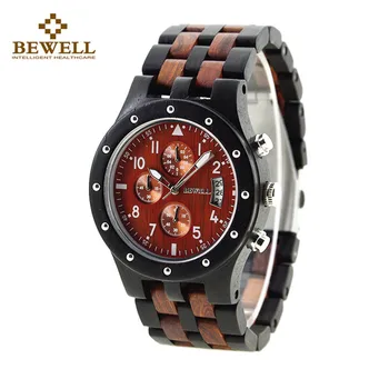 

BEWELL Men Wooden Quartz Watch Japan Movt Working Sub-dial Date Display Wristwatch relogio Date Male Clock Hodinky Handmade relo