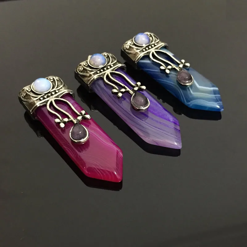 Antique Retro Opal Reiki Natural Stone Sword Pendants Pendulums Flower Charm Real Rosy Blue Stripe Agates Women Jewelry | Украшения и