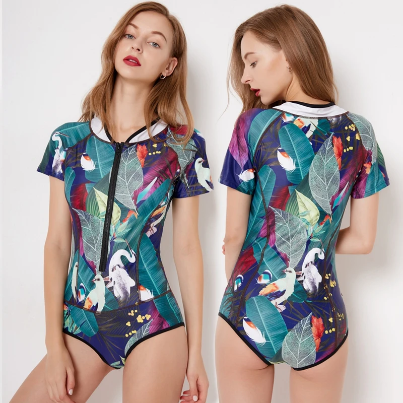 Tengweng 2020 New Sexy Short sleeve Print One piece Swimsuit Plus size Swimwear Zipper Rash Guard Push up Female Bathing suit | Спорт и