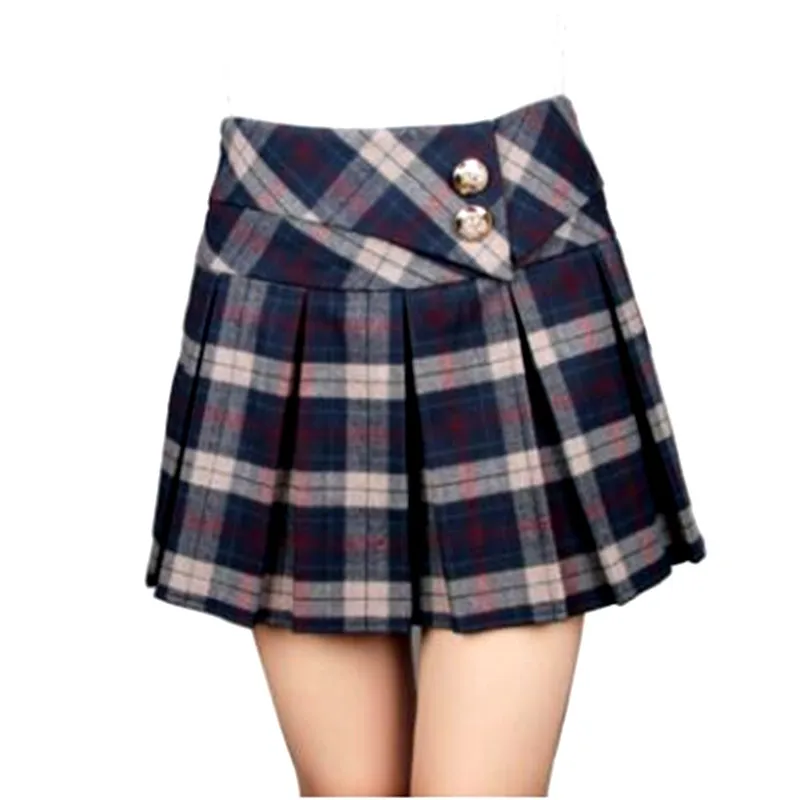 

New 2019 Women Cotton Mini Skirt Autumn Winter A-Line Plaid With Belt Buttons Elegant Skater Skirt High Waist Femininas