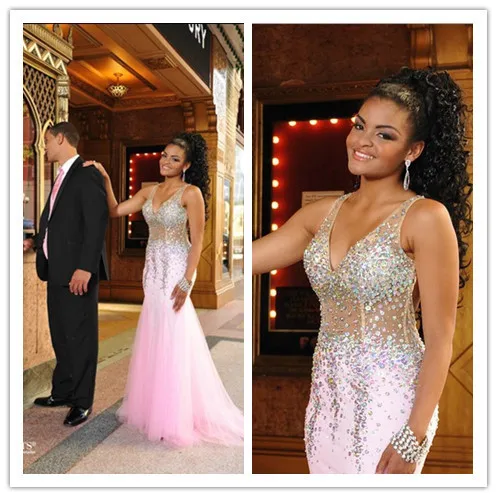 Mermaid Pink See Through Prom Dress Crystal Rhinestones V Neck Tulle Spaghetti Straps Evening Party Gown for Girls Full Length
Mermaid Pink See Through Prom Dress Crystal Rhinestones V Neck Tulle Spaghetti Straps Evening Party Gown for Girls Full Length