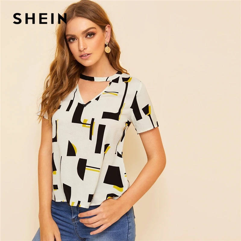 SHEIN Elegant Multicolor Choker Neck Chiffon Geometric Top Blouse Women Short Sleeve Keyhole Back Summer Office Lady Blouses
SHEIN Elegant Multicolor Choker Neck Chiffon Geometric Top Blouse Women Short Sleeve Keyhole Back Summer Office Lady Blouses