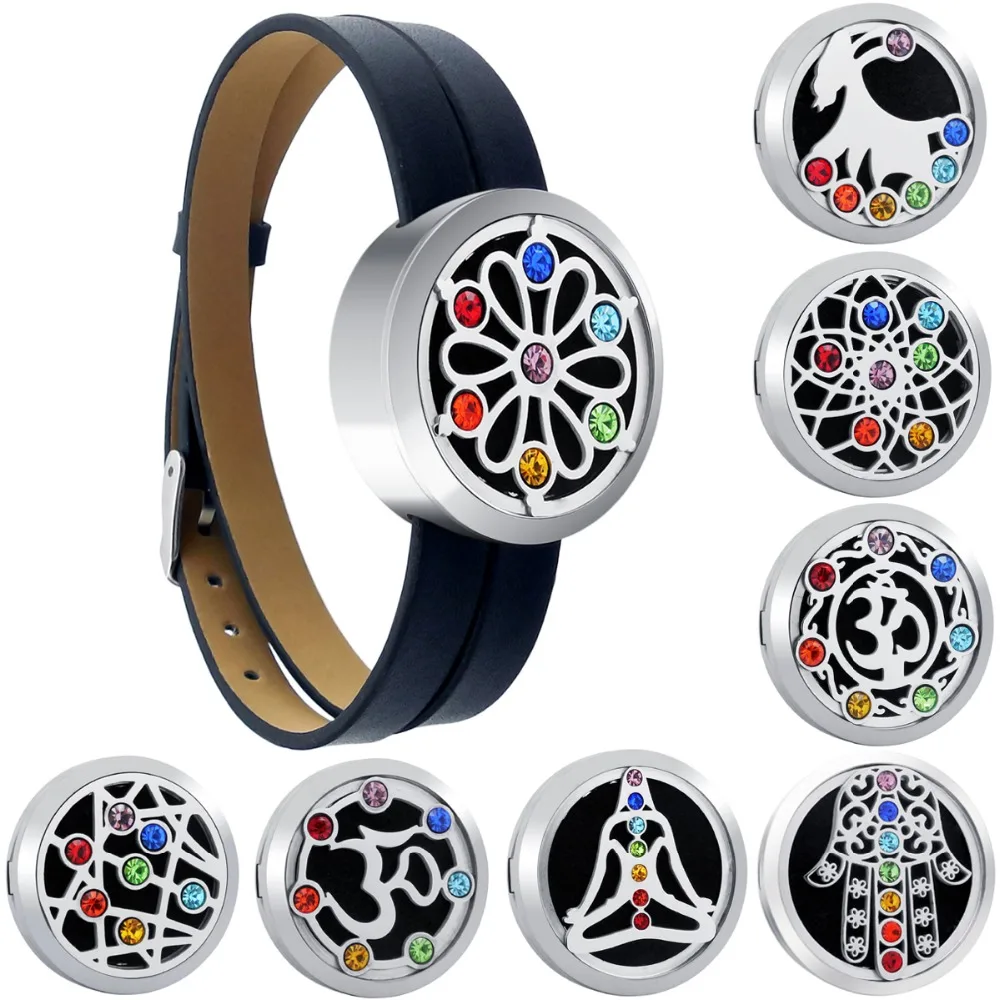 

30mm Chakra Aromatherapy Locket Bracelets Genuine leather Essential Oils Stainless Steel Diffuser Perfume Locket Bangle with Pad