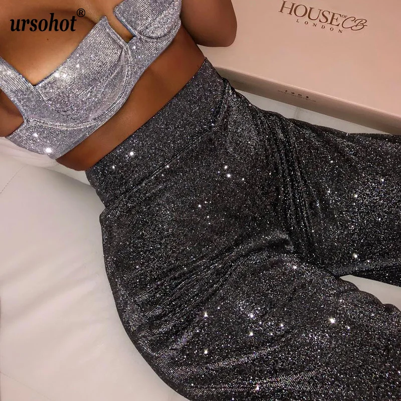 Женские широкие брюки с люрексом Ursohot элегантные обтягивающие высокой талией на