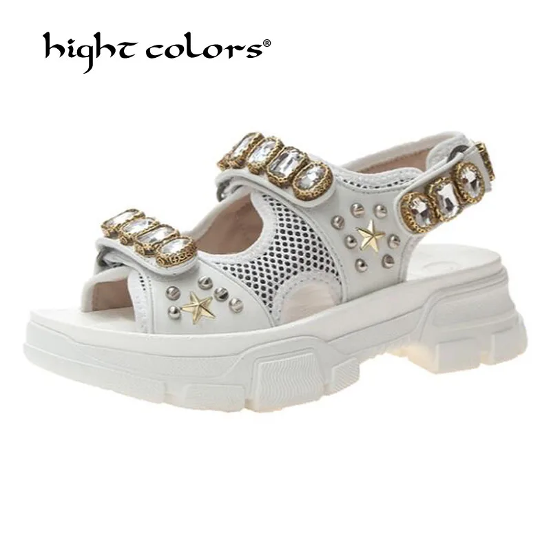 Fashion Women Rhinestone Sandals High Thick Heel Open Toe Hook & Loop Platform Shoes Female White Simple Design Unique Shoes
Fashion Women Rhinestone Sandals High Thick Heel Open Toe Hook & Loop Platform Shoes Female White Simple Design Unique Shoes
