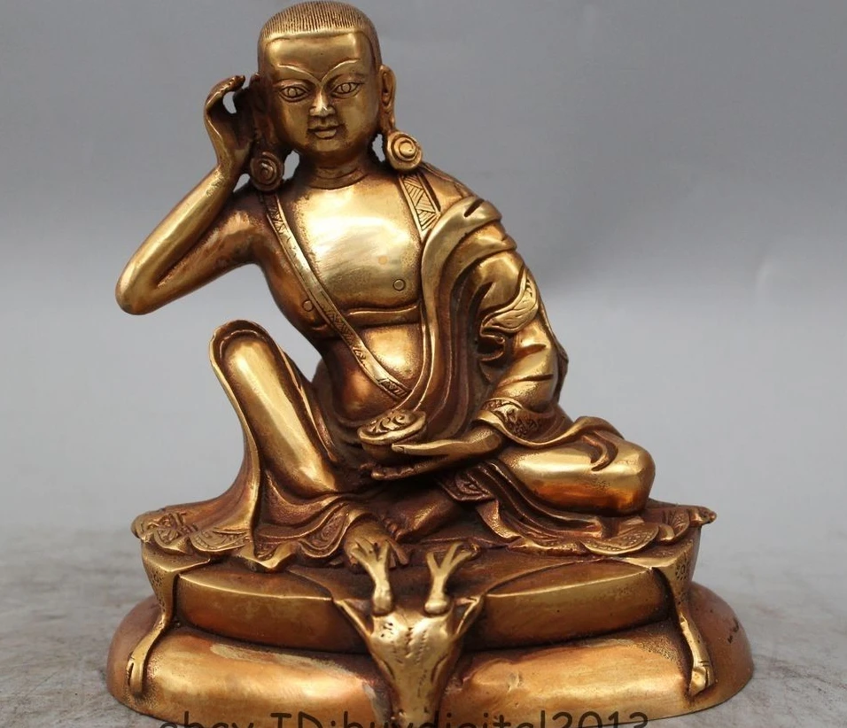 6"China Tibetan Buddhism Bronze Gild Milarepa Buddha & Deer Head Statue