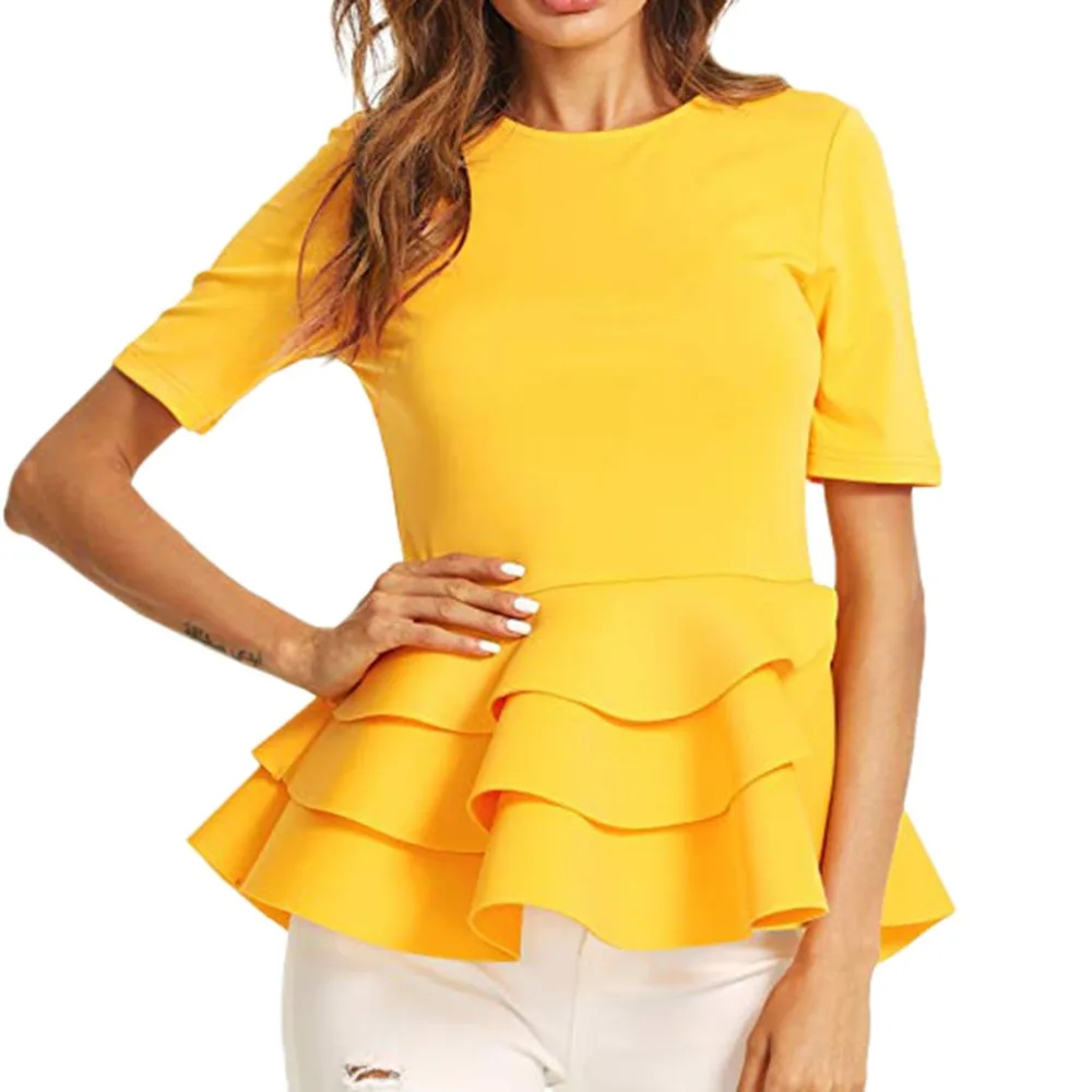 

Blouse Women Yellow Women Short Sleeve Vintage Layered Ruffle Hem Fit Solid Peplum Blouse Shirt Top Womens Tops Blouses