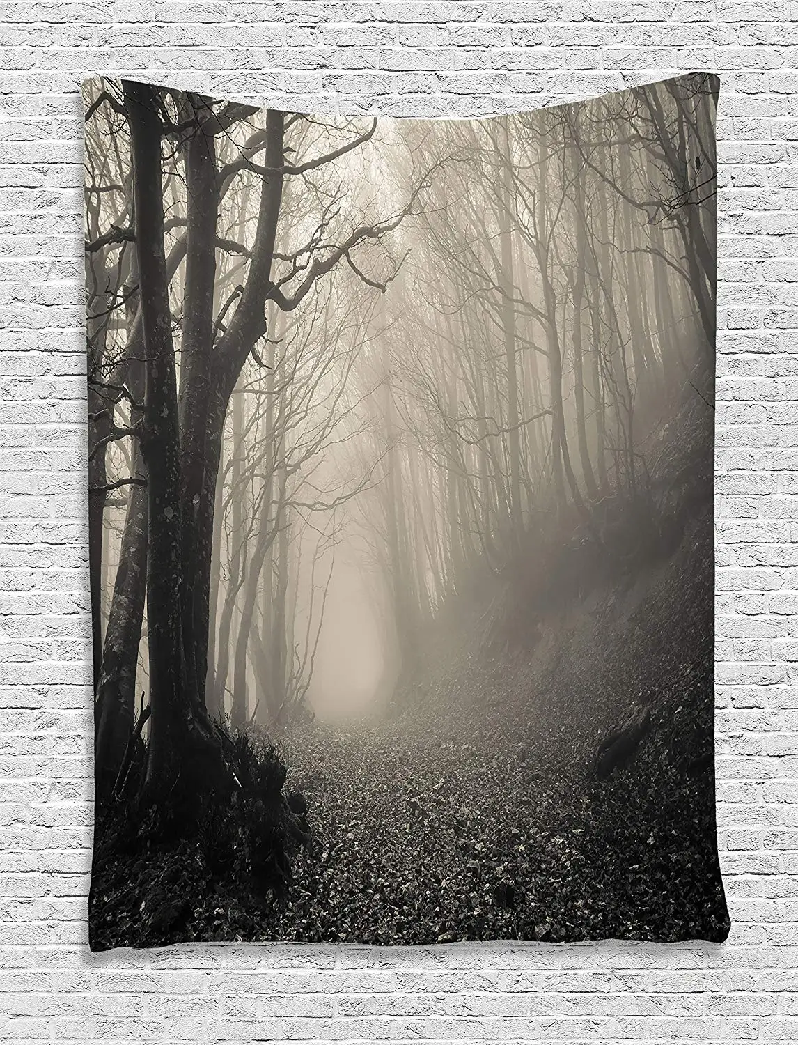 

Gothic Decor Path on the Gothic Forest Trees Foggy Mysterious Nature Monochrome Art Bedroom Dorm Wall Hanging Tapestry