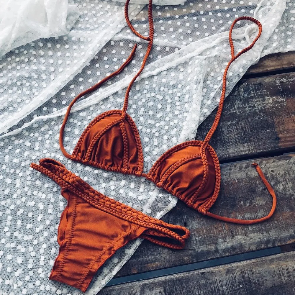 Swimwear Bikini Weave Brown Solid Color Women Swimsuit Ladies Thong bathing suit micro Brazilian biquinis feminino
Swimwear Bikini Weave Brown Solid Color Women Swimsuit Ladies Thong bathing suit micro Brazilian biquinis feminino