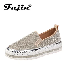 Женские туфли на плоской платформе Fujin, черные или золотистые туфли на плоской платформе, без застежки, украшенные стразами, сезон весна-лет...