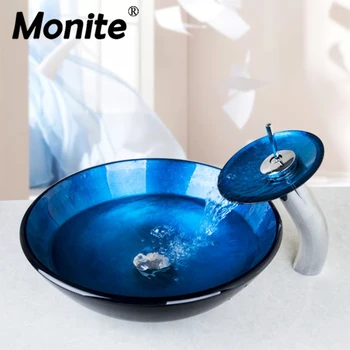 

Monite Blue Waterfall Chrome Basin Tap Bathroom Sink Washbasin Glass Hand-Painted Lavatory Bath Sink Combine Set Mixer Faucet