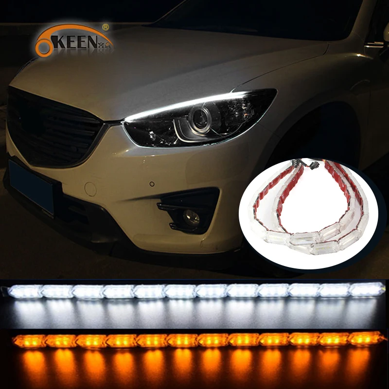 OKEEN 2PCS Flexible Headlight Strip LED DRL Daytime Running Lights Sequential Flow Style With Turn Signal Amber White Red color
OKEEN 2PCS Flexible Headlight Strip LED DRL Daytime Running Lights Sequential Flow Style With Turn Signal Amber White Red color