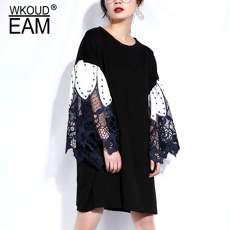 

WKOUD EAM 2019 New Spring Summer Round Neck Long Sleeve Black Lace Split Joint Loose Big Size Dress Women Fashion Tide JQ32