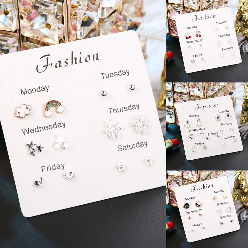 Heart Cute Leaf Fashion Jewelry Monday To Saturday High Quality Zircon Girls Women Stud Earring Exquesite Stars Crytal 1Set
Heart Cute Leaf Fashion Jewelry Monday To Saturday High Quality Zircon Girls Women Stud Earring Exquesite Stars Crytal 1Set