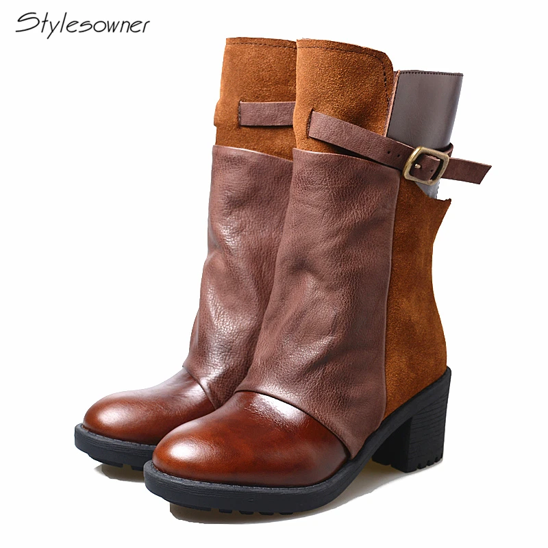 Stylesowner 2018 Autumn Leather Patchwork Mid-Calf Boots Chunky High Heel Martin Boots Buckle Strap Women Retro Botas Mujer Chic
Stylesowner 2018 Autumn Leather Patchwork Mid-Calf Boots Chunky High Heel Martin Boots Buckle Strap Women Retro Botas Mujer Chic
