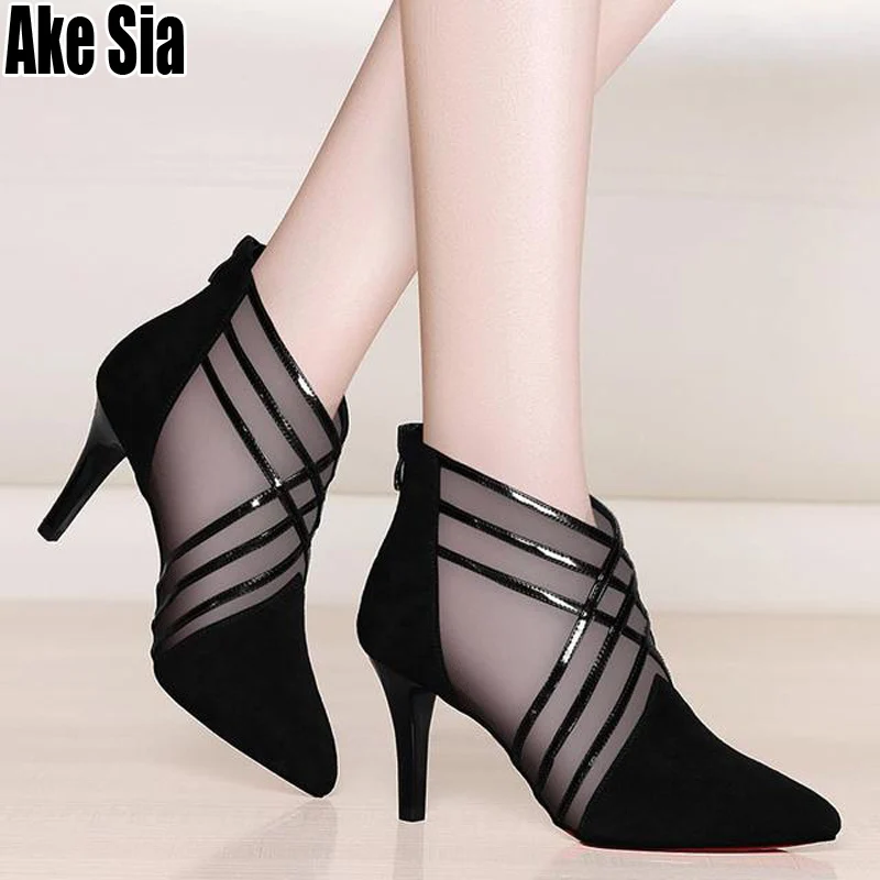 

Fashion Mesh & Lace Crossed Stripe Women Ladies Casual Pointed Toe High Stilettos Heels Pumps Feminine Mujer Sandals Shoes A581