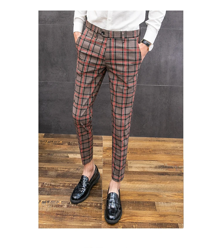 2021 British Style Plaid Slim Fit Dress Pants 2019 Summer Check Pants Mens Fashion Men Formal