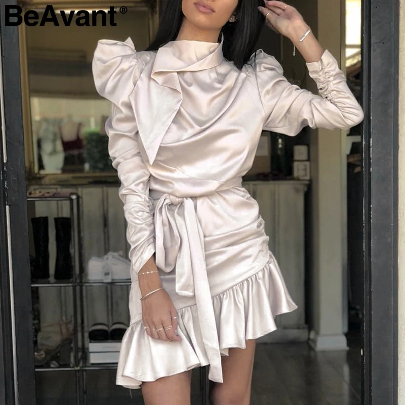 BeAvant Sexy ruched satin dress women Long sleeve asymmetrical ruffle sash short dresses Party club bow tie neck ladies vestidos
BeAvant Sexy ruched satin dress women Long sleeve asymmetrical ruffle sash short dresses Party club bow tie neck ladies vestidos