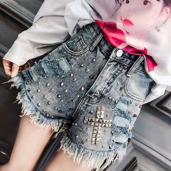 

2019 Women Summer Denim Shorts Vintage High Waist Short Cuffed Jeans Girls Rivet Jeans Street Wear Ladies Sexy Booty Shorts